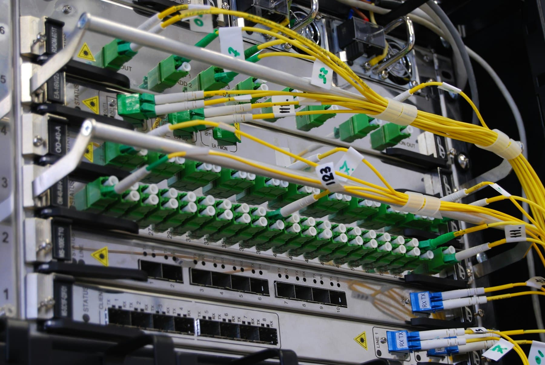 Fibre optic cables plugged into a network switch